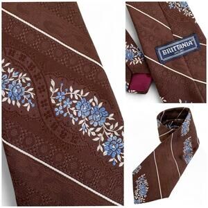 VTG 70s Brittania Tie | Brown Baby Blue Floral Jacquard | Retro Mid-Century Mod